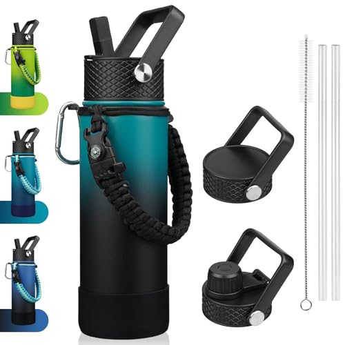 BJPKPK 22oz Insulated Water Bottle with 3 Lids, Straw Lid & Handle - color: Army Green & Black, size: 22 Ounces