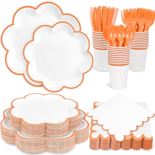 350 Pcs Orange and White Paper Plates and Napkins Set, Serve for 50 Guests - color: White with Orange Edge
