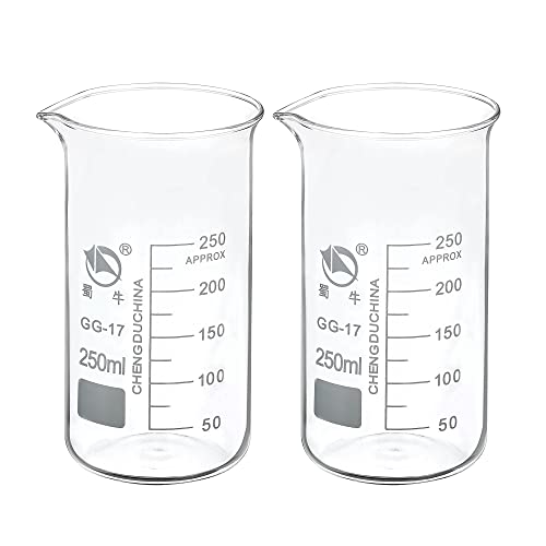 PATIKIL 250ml Tall Form Glass Beaker, 2 Pack 3.3 Borosilicate Glass Graduated Printed Scale Measuring Cups with Spout for Kitchen Lab Liquids Transit Boiling - size: 250ml