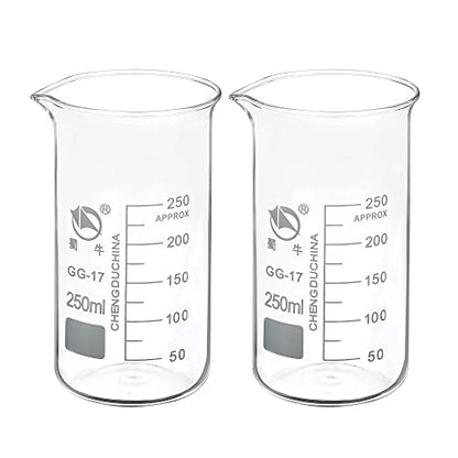 PATIKIL 250ml Tall Form Glass Beaker, 2 Pack 3.3 Borosilicate Glass Graduated Printed Scale Measuring Cups with Spout for Kitchen Lab Liquids Transit Boiling - size: 250ml