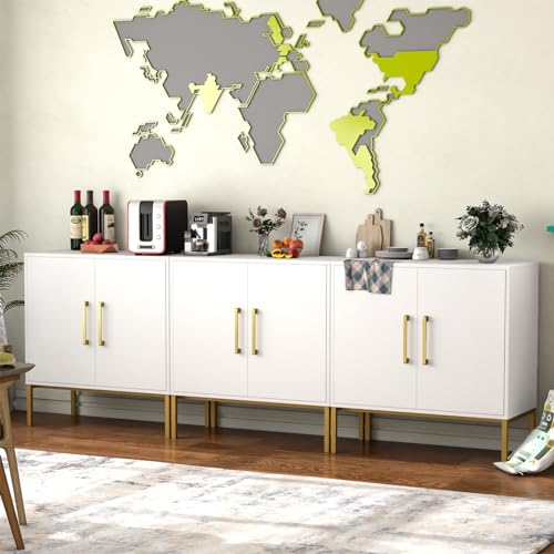 JOZZBY Buffet Sideboard Cabinet Set of 3 with Storage and Adjustable Shelves, White丨Modern Wooden Cabine, Black and Gold Cabinets for Living Room, Kitchen, Hallway - color: White, size: 3 Pcs