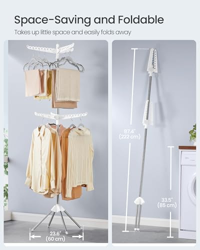SONGMICS 2단 의류 건조대, 190cm(75.2인치) 접이식 세탁 건조대, 행거용 6개의 회전 가능한 암, 스테인리스 스틸, 옷 54개, 화이트 및 실버 ULLR514W01 - color: 화이트 + 실버, style: 2단 행