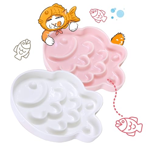 2 Pcs Ceramic Cat Slow Feeder Bowl - Shallow Whisker Friendly Cat Plate for Dry and Wet Food - Puzzle Feeder for Slow Eating - Helps Reduce Vomiting - Microwave & Dishwasher Safe -Non Slip(Pink+White) - color: Pink + White