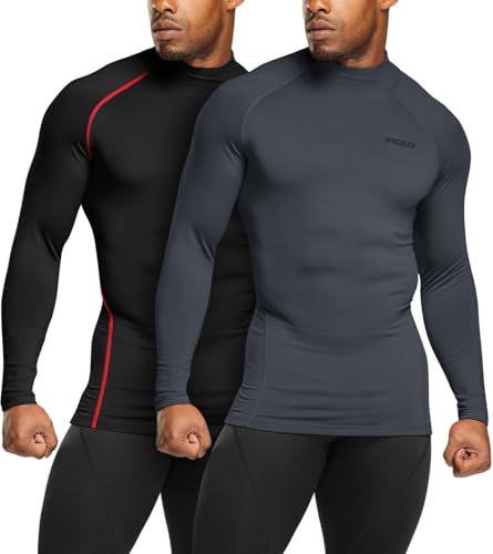 TSLA Men's Thermal Long Sleeve Compression Shirts, Mock/Turtleneck Winter Sports Running Base Layer Top - color: 2pack Black, Red/Charcoal, size: XX-Large