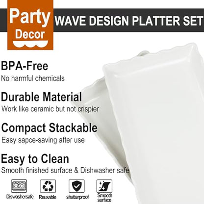 KAQAHIDO 17" x 8" x 1.5" White Serving Tray Set, Wave Edge Melamine Platters for Cookie, Appetizer, Charcuterie, Snack, Dessert, Party Food Display, Stackable, Set of 2