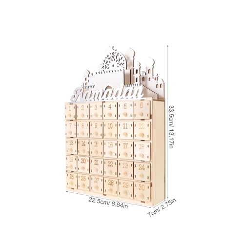 LABRIMP Ramadan Countdown Calendar with 30 Mini Drawers and LED Light - Muslim Eid Festival Party Decoration Wooden Ramadan Advent Calendar for Home Decor