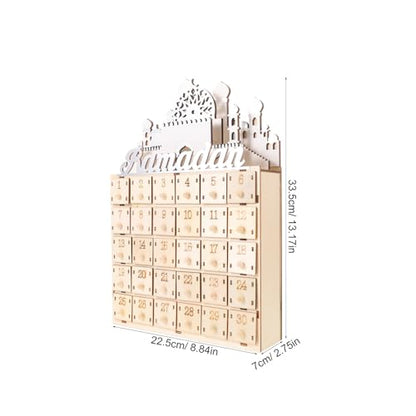 LABRIMP Ramadan Countdown Calendar with 30 Mini Drawers and LED Light - Muslim Eid Festival Party Decoration Wooden Ramadan Advent Calendar for Home Decor