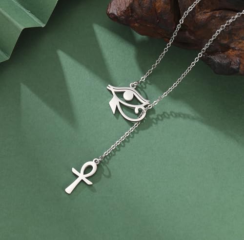 Ankh Cross Y Necklace Key of Life Eye of Horus Pendant Cartouche Long Chain Protection African Coptic Amulet Ancient Egyptian Religious Jewelry Gift for Women Men - color: Ankh Cross Eye of Horus silver