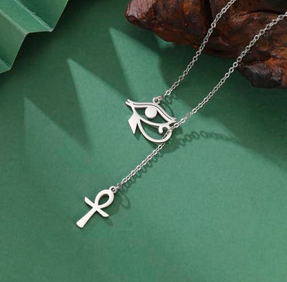 Ankh Cross Y Necklace Key of Life Eye of Horus Pendant Cartouche Long Chain Protection African Coptic Amulet Ancient Egyptian Religious Jewelry Gift for Women Men - color: Ankh Cross Eye of Horus silver