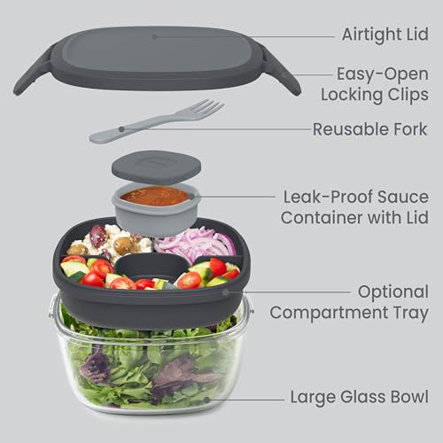 Bentgo Glass Salad Container - 7.6-Cup Salad Bowl with Airtight Lid, Leak-Proof Sauce Container, 4-Compartment Bento Tray & Reusable Fork - BPA-Free for Meal Prep, Office & More (Dark Gray) - color: Dark Gray