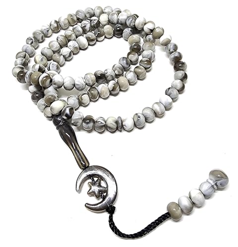 Islam Prayer Tasbih 99 Beads AMN-303 Muslim 8 mm. Rosary Bead Moon Star Decorated Tassels Haj Eid Ramadan Gift (Grey) - color: Grey