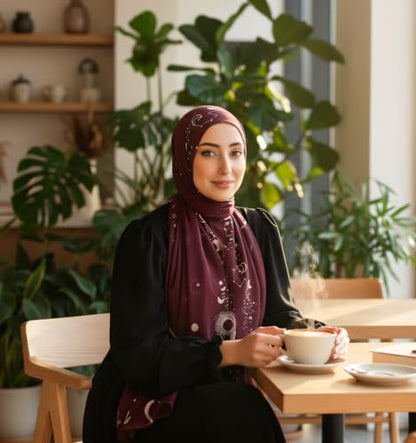 Hijab Modest and Elegant | Beautifully Designed Printed Chiffon Patterns | Muslim Women Head Scarf and Veil - color: Red M