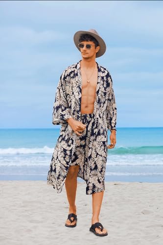 COOFANDY Men Lightweight 2 Piece Kimono Robe with Shorts Japanese Robes Casual Open Front Long Cardigan With Belt - color: Navy Blue(leaves), size: Small