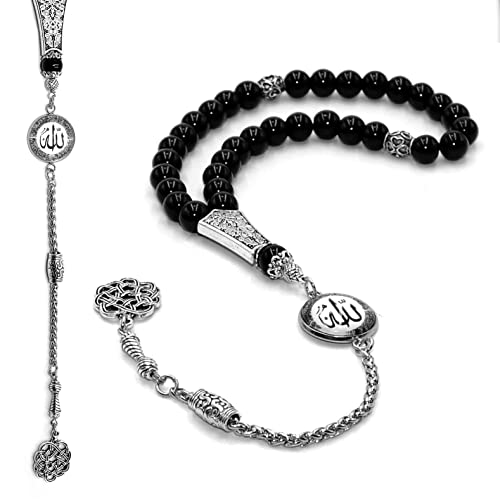 Special -Allah Tassel- Collection (8 mm -33 Beads) Worry Beads - Prayer Beads-Tesbih-Tasbih-Tasbeeh-Misbaha-Masbaha-Subha-Sebha-Sibha-Rosary (Black Agate Stone) - color: BLACK AGATE STONE