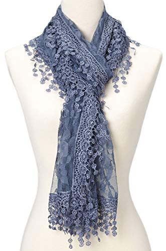 Cindy & Wendy Lightweight Soft Leaf Lace Fringe Scarf Bridal Shawl for Women - color: Navy