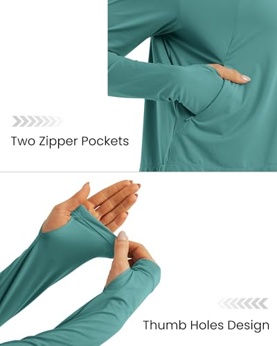 G4Free Skimetic Womens UPF 50+ Sun Hoodie Shirts - Quick Dry Running Jacket Long Sleeve Rash Guard Zip Pocket Hiking Athlete - color: Myrtle Green, size: Small