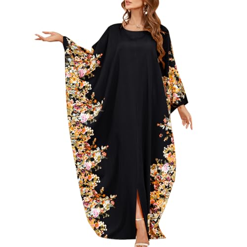 ODIZLI Ramadan Abaya for Women Muslim Batwing Sleeve Floral Print Prayer Dress Dubai Turkey Kaftan - color: Black