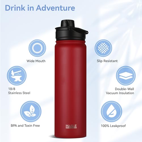 HASLE OUTFITTERS Insulated Water Bottle 22 oz Double Wall Stainless Steel Water Bottle Wide Mouth with Straw Lid & Spout Lid Keeps Cold or Hot(Red,4) - color: Red, size: 22oz- 4 Pack
