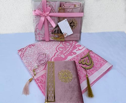 SAIKA Prayer Rug Set with Thanks Card, Full Arabic Quran Prayer Rug, Beads and Car Hanger Set,Ramadan Eid Wedding Birthday Graduation Mother's Day (Pink)