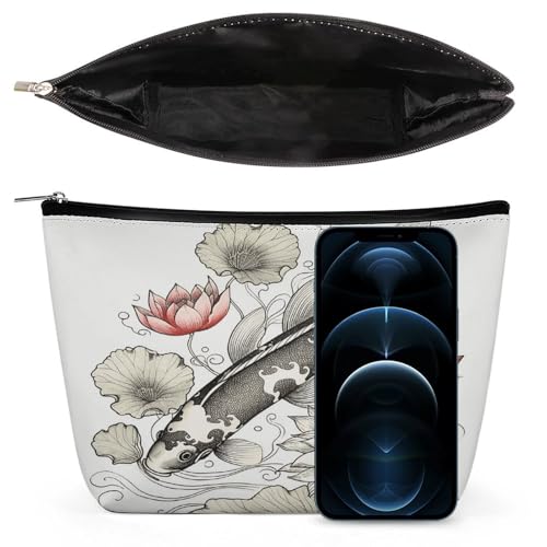 Fish Japanese Carp Lotus Leaves Flower Makeup Bag for Women, Toiletry Bag Portable PU, Cosmetic Bag Travel Essentials Toiletries Accessories