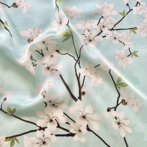 FONYVE Silk Feeling Scarf Medium Square Satin Head Scarf for Women 27.5 × 27.5 inches - color: 03 Light Green Floral