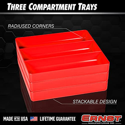 Ernst Manufacturing All Purpose Toolbox and Desk Tray: Stackable Organization Tray with 3 Compartments - Made in the USA - color: Red, size: 3-Compartments