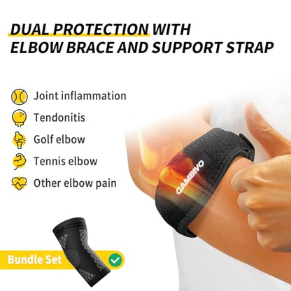 CAMBIVO 2 Elbow Sleeves and 1 Tennis Elbow Strap Set for Tendonitis Relief | Counterforce Pad Targets Extensor Pain, Adjustable Hook-and-Loop Fit, Breathable 3D Knit Sleeve, 2+1 Combo Set, Men & Women - color: Black(2Pcs Elbow Sleeve+1Pcs Elbow Strap), si
