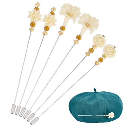 6PCS Hat Vintage Safety Pins Stick Lapel Pin Brass Long Handle Pin Accessories for Tie Scarf Badge Hats Suits Brooches Decorative Jewelry Making DIY Crafts - style: Coral Flowers