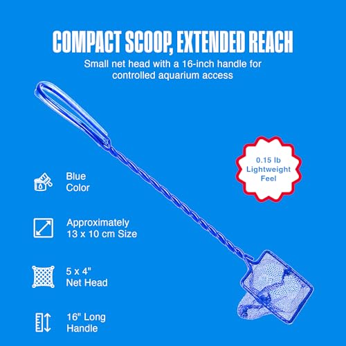 Penn-Plax Quick-Net Aquarium Fish Net - 5 x 4 in Fine Mesh, 16 in Vinyl-Covered Braided Long Handle - Small Aquarium Cleaning Tool for Gentle Fish Handling - Use in Freshwater & Saltwater Tanks - Blue - color: Blue, size: 5" Net - 16" Handle