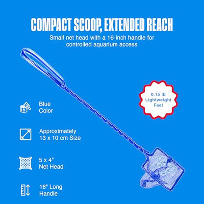 Penn-Plax Quick-Net Aquarium Fish Net - 5 x 4 in Fine Mesh, 16 in Vinyl-Covered Braided Long Handle - Small Aquarium Cleaning Tool for Gentle Fish Handling - Use in Freshwater & Saltwater Tanks - Blue - color: Blue, size: 5" Net - 16" Handle