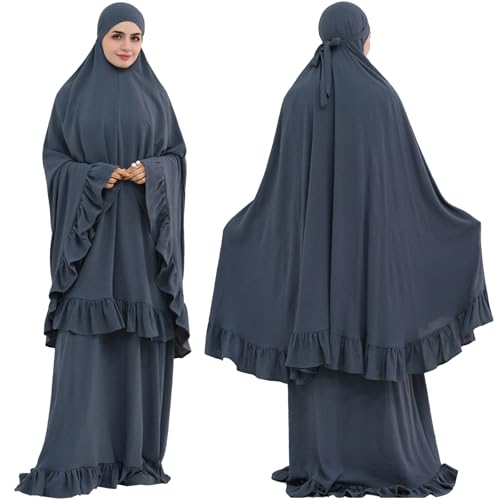 2PCS Abayas for Women Muslim Dress Ruffled Hem Modest Prayer Robe Full Coverage Modest Jilbab Set - color: Dark Gray, size: Large
