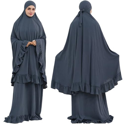 2PCS Abayas for Women Muslim Dress Ruffled Hem Modest Prayer Robe Full Coverage Modest Jilbab Set - color: Dark Gray, size: Large
