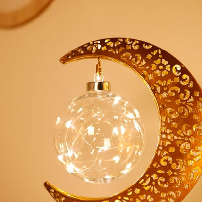 Crescent Moon Table Lamp Metal Frame Ramadan Lights Ball LED Night Light Magic Hanging Moon Lamp Decor for Home Bedroom Bedside Desktop