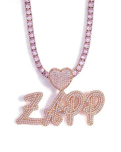 Lulu Mel Iced Out Personalized Cursive Name Necklace For Trendy Women, Custom Handmade Nameplate Pendant With Cuban Link Chain, White Gold Plated Hip Hop CZ Diamond Jewelry Gifts - color: Rose Gold/Heart Hook