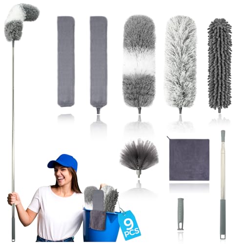 9Pcs Dusters for Cleaning Kit, Extendable Microfiber Duster Tools with 100" Long Pole, Retractable Gap Bendable Dust Cleaner, Reusable Washable Cleaning Supplie for Ceiling Fan Furniture Cars and Home - size: 9 PCS Duster Kits