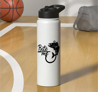 Bite Me Fishing Hook Funny Angler Fish Graphic Stainless Steel Insulated Water Bottle - color: White
