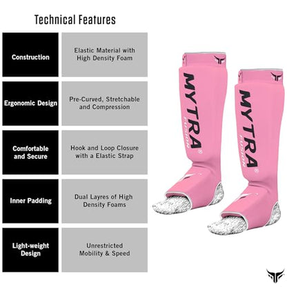 Mytra Fusion Shin Pads Instep Protector Kick Boxing Muay Thai Training Elasticated shin Guards - color: Pink, size: Small-Medium