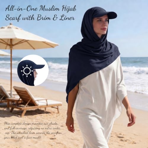 ZLYC Women Muslim Hijab Scarf with Visor Built-in Undercap Sun Protection Headwrap - color: Solid Navy