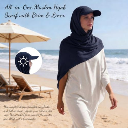 ZLYC Women Muslim Hijab Scarf with Visor Built-in Undercap Sun Protection Headwrap - color: Solid Navy