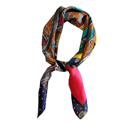 FONYVE Silk Feeling Scarf Medium Square Satin Head Scarf for Women 27.5 × 27.5 inches - color: 01 Dark Blue Edge