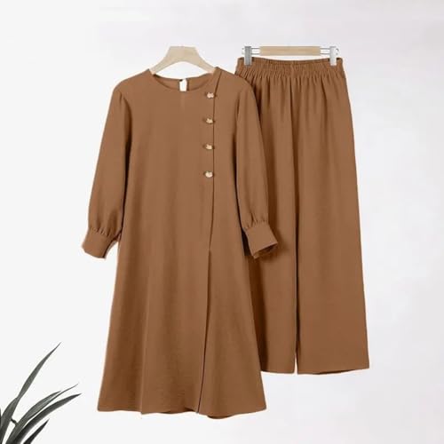 IDOPIP Abaya Dress for Women Muslim Set Long Sleeve Ramadan Islamic Dress Shirt with Pants 2PCS Dubai Prayer Casual Clothes - color: Khaki - Split, size: Medium