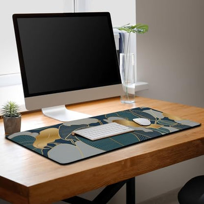 Mouse Pad for Women Gold Blue Desktop Pad Gaming Mouse Pads Large Mousepad Office Pad Waterproof Non-Slip Rubber Base 35.4" X 15.7" for Game Office, Precious Leaves of The Jungle - color: Precious Leaves