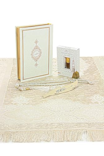 ihvan online Prayer Gift Set for Men & Women, Thin Soft Muslim Prayer Rug, Salah Mat, Beads Taasbih, Arabic Holy Quran, Islamic Gift Set for Ramadan & Eid, White - color: White
