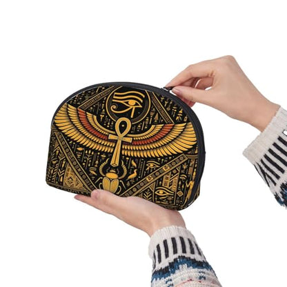 Egyptian Symbols Golden Hieroglyphic 2-Piece Shell Makeup Bag Set, Large Capacity Travel Cosmetic Bag For Women With Zipper, Waterproof Polyester Toiletry Organizer Pouch For Purse, Travel - color: Egyptian Symbols Golden Hieroglyphic