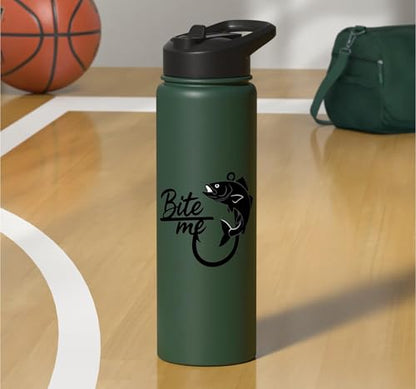 Bite Me Fishing Hook Funny Angler Fish Graphic Stainless Steel Insulated Water Bottle - color: Dark Green