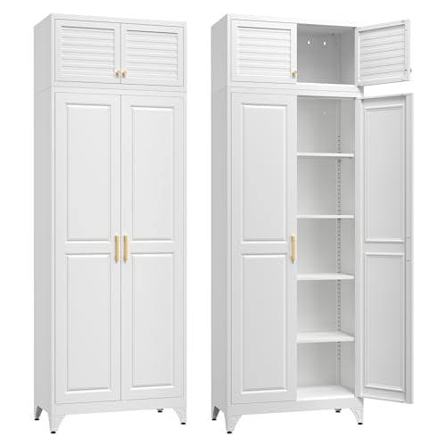 SteeLoong 90”Metal Pantry Storage Cabinet with Doors & 4 Adjustable Shelves | Kitchen Pantry Cabinet,White Kitchen Cabinet with 4 Gold Handles,Tall Cabinet for Livingroom,Pantry, Bathroom,Kitchen,Garage - color: White, size: 90"H-B