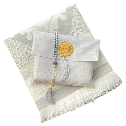 Muslim Prayer Rug and Beads with Elegant Slub Fabric Bag | Janamaz | Sajadah | Soft Islamic Prayer Rug | Islamic & Mawlid Gifts | Prayer Carpet Mat, Taffeta Fabric (Grey, 8 Sets) - color: Grey, size: 8 Sets