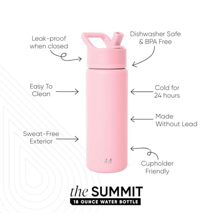 Simple Modern Insulated Water Bottle with Straw | 18oz | Pink | Summit Stainless Steel Water Bottles, Metal Cup | Leak Proof for School, Gym, Travel, Sports | Blush - color: -Blush, style: 18oz