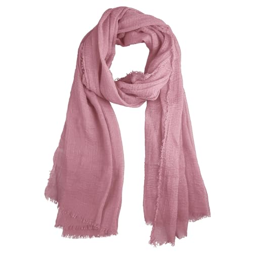 Summer Cotton Blend Crinkle Vintage Soft Scarf with Fringed Edges 35" × 70" - color: Rubber Red