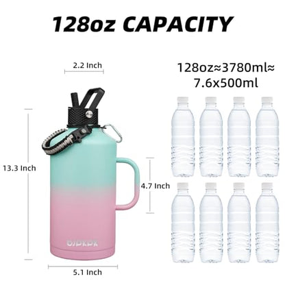 BJPKPK 128oz Insulated Water Bottle with Straw Lid, 1 Gallon Water Jug | Large Stainless Steel Vacuum Insulated Water Jug with 3 Lids, Side Handle & Paracord Strap, BPA-Free Leak-Proof Bottle - color: Marshmallow, style: 128oz-Side Handle